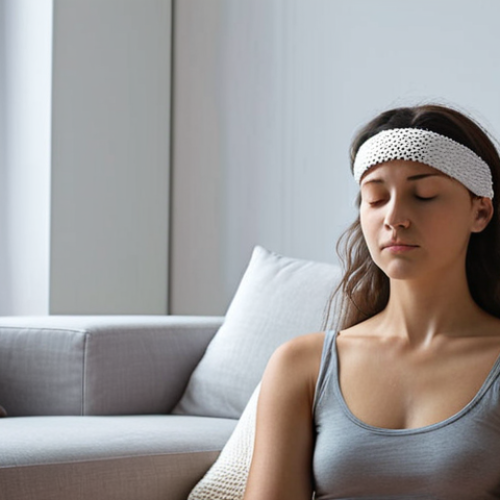 **Image Prompt 1:** A serene person in a cozy, modern living space, wearing a sleek, minimalist brainwave-tracking headband. They are shown in a state of deep relaxation or meditation, with soft, ambient light illuminating the scene. Subtle, calming energy lines or abstract visual representations of Alpha waves gently emanate around their head, symbolizing stress reduction and improved mental well-being. The overall mood is peaceful and technologically integrated with everyday life.
