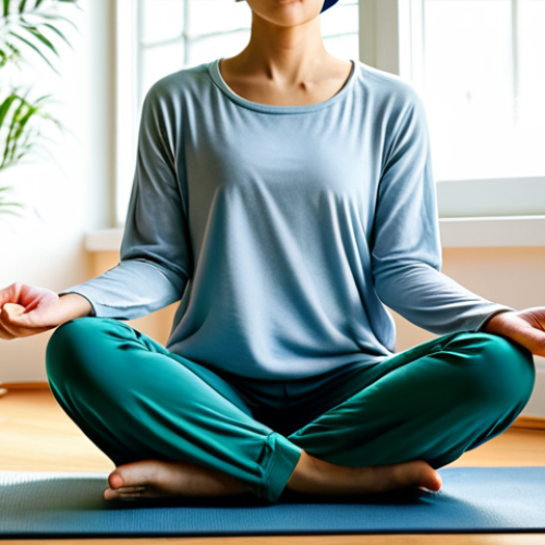 A serene woman, fully clothed in modest, comfortable loungewear, seated cross-legged on a yoga mat in a peaceful, sunlit meditation room. She wears a modern brainwave tracking headband, her eyes gently closed, expressing deep relaxation. The background features soft, blurred natural light from a window and a minimalist, calming decor with a green plant. perfect anatomy, correct proportions, natural pose, well-formed hands, proper finger count, natural body proportions, professional photography, high quality, safe for work, appropriate content, fully clothed, modest, family-friendly.