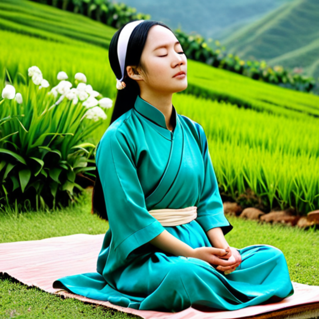 Woman Meditating with Muse Headband**
"A Vietnamese woman in her late 20s, sitting comfortably in a lush green garden in Da Lat, Vietnam. She is wearing a light, modest Ao Dai and a Muse headband. She has her eyes closed and a serene expression. Soft, natural lighting. In the background are beautiful flowers and rolling hills. Peaceful, tranquil scene. Safe for work. Professional photography, perfect anatomy, appropriate content, fully clothed, high quality."
**
