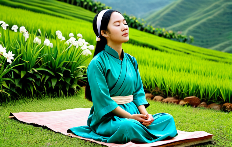 Woman Meditating with Muse Headband**
"A Vietnamese woman in her late 20s, sitting comfortably in a lush green garden in Da Lat, Vietnam. She is wearing a light, modest Ao Dai and a Muse headband. She has her eyes closed and a serene expression. Soft, natural lighting. In the background are beautiful flowers and rolling hills. Peaceful, tranquil scene. Safe for work. Professional photography, perfect anatomy, appropriate content, fully clothed, high quality."
**