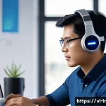 Home 22 뇌파 모니터링의 최신 트렌드 - A modern wireless EEG headset worn by an adult Vietnamese professional in a sleek office environment...