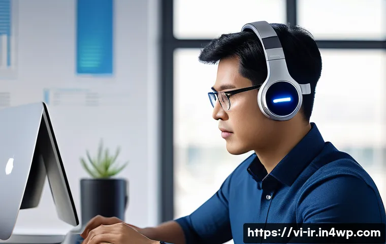뇌파 모니터링의 최신 트렌드 - A modern wireless EEG headset worn by an adult Vietnamese professional in a sleek office environment...