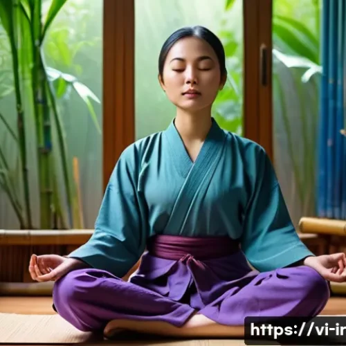 Home 33 뇌파와 인지 능력의 관계 연구 - A serene scene of a young Vietnamese woman meditating peacefully in a traditional bamboo room with n...