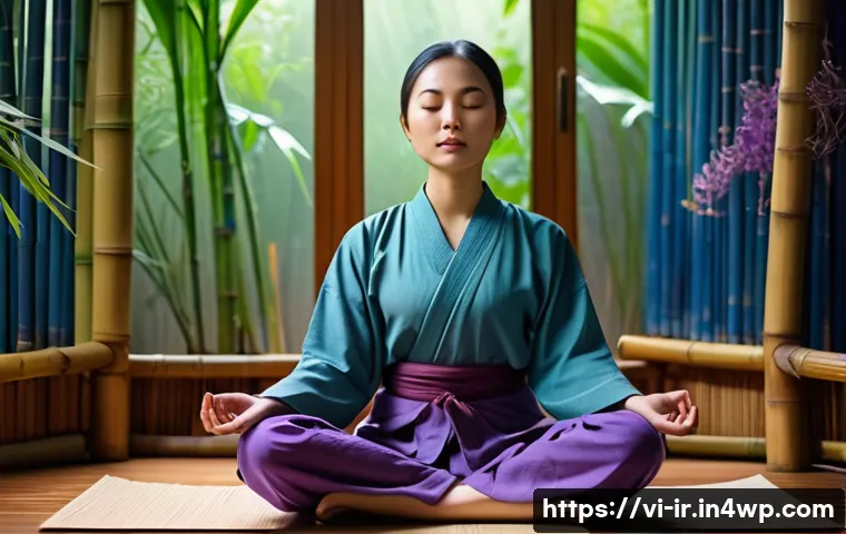 뇌파와 인지 능력의 관계 연구 - A serene scene of a young Vietnamese woman meditating peacefully in a traditional bamboo room with n...