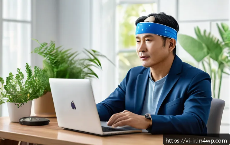 실시간 뇌파 모니터링의 필요성 - A modern healthcare setting showing a Vietnamese middle-aged man wearing a sleek, wireless EEG headb...