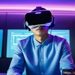 Home 18 가상 현실에서의 뇌파 활용 사례 - A futuristic virtual reality scene showing a young Vietnamese man wearing a sleek VR headset integra...