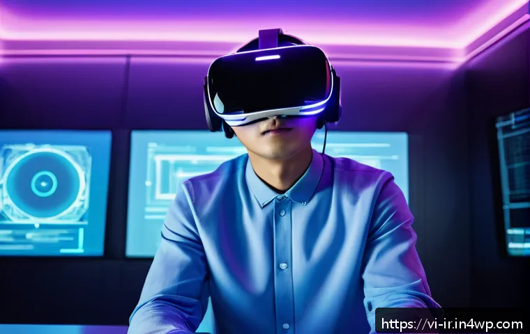 가상 현실에서의 뇌파 활용 사례 - A futuristic virtual reality scene showing a young Vietnamese man wearing a sleek VR headset integra...
