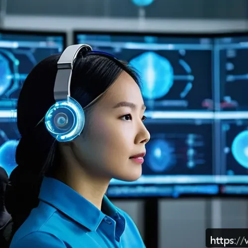 Home 17 뇌파 모니터링의 기술적 한계 - A futuristic neuroscience laboratory scene featuring a young Vietnamese female researcher wearing a ...