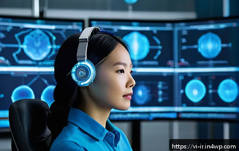 뇌파 모니터링의 기술적 한계 - A futuristic neuroscience laboratory scene featuring a young Vietnamese female researcher wearing a ...